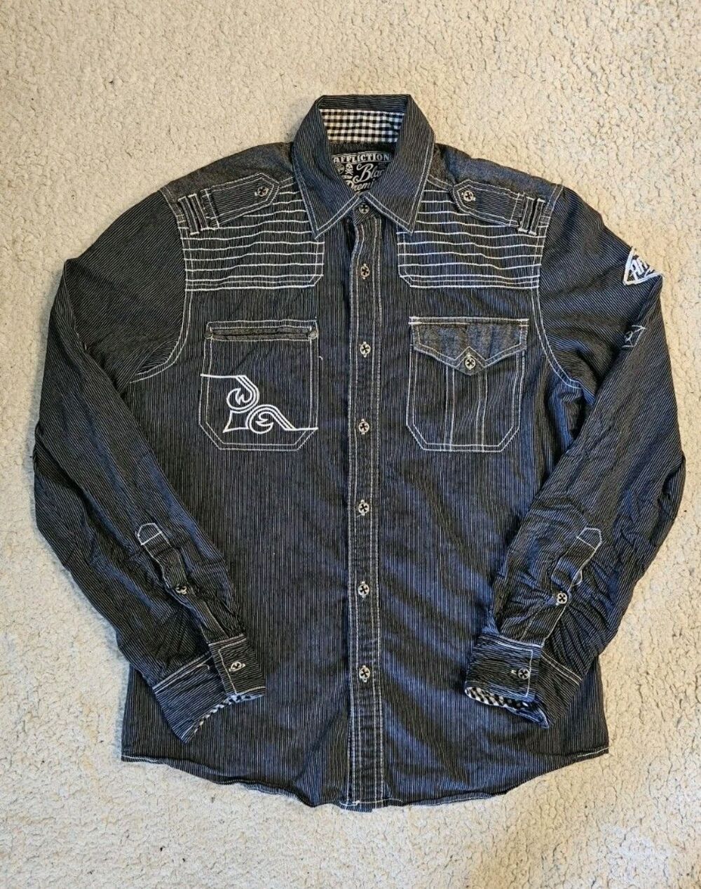 Affliction Shirt Black Premium Pinstripe Button Up LS Mens S Black Y2K Biker